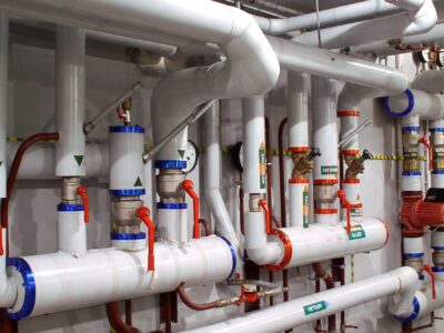 Hydronic heating and cooling piping system with pumps, valves, gauges, and controls