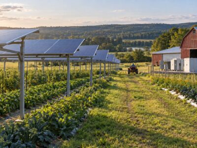 Elevated agrivoltaic solar panels above crops on a New York farm