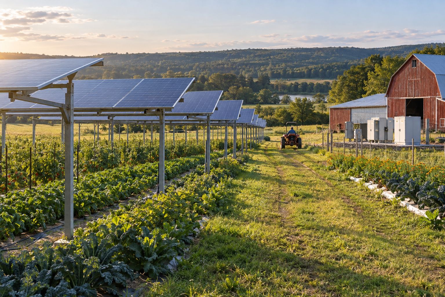 Elevated agrivoltaic solar panels above crops on a New York farm