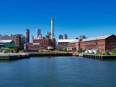 Aerial view of the Brooklyn Navy Yard campus and central steam plant in Brooklyn, New York