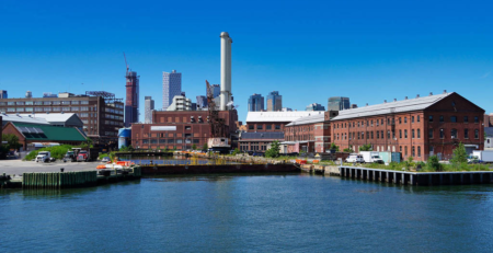Aerial view of the Brooklyn Navy Yard campus and central steam plant in Brooklyn, New York