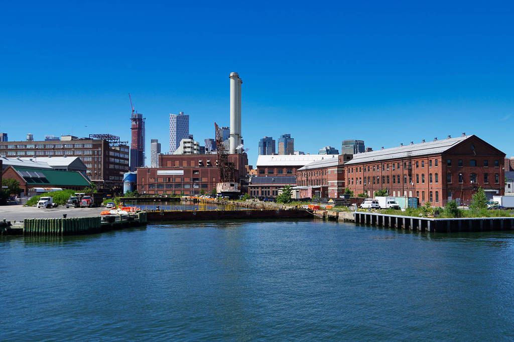 Aerial view of the Brooklyn Navy Yard campus and central steam plant in Brooklyn, New York